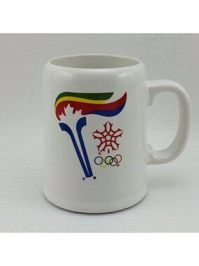 1988 Calgary Winter Olympics Mug Stein Cup Canada Olympic Torch Rings Licensed